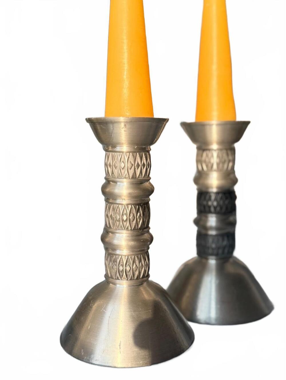 Vintage Brushed Pewter Candlestick Holders Pair Danish Modern MCM